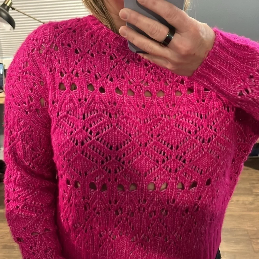 Express Hot Pink Open Knit Crew Sweater